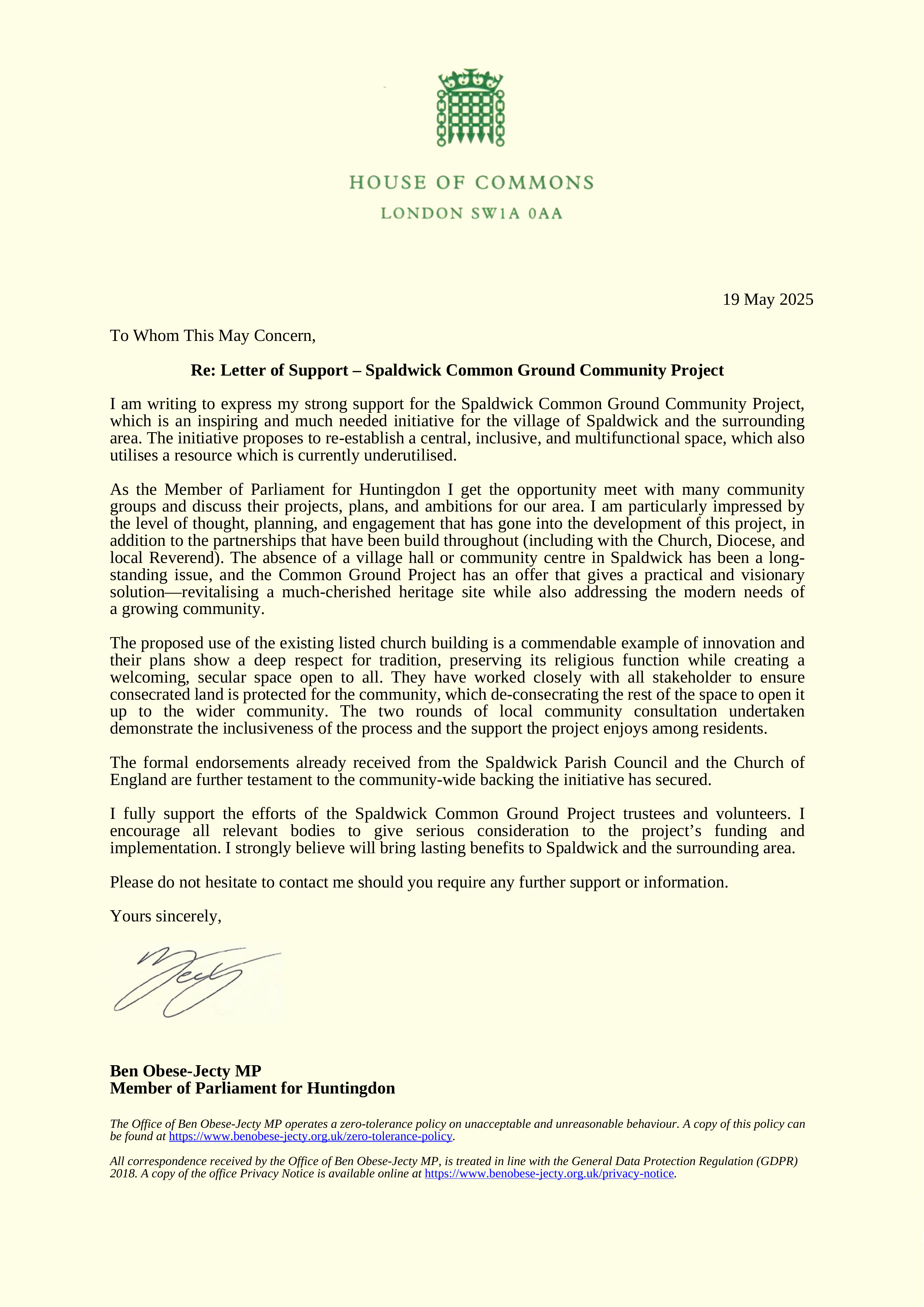 Letter of Support for Spaldwick Common Ground from Ben Obese-Jecty MP