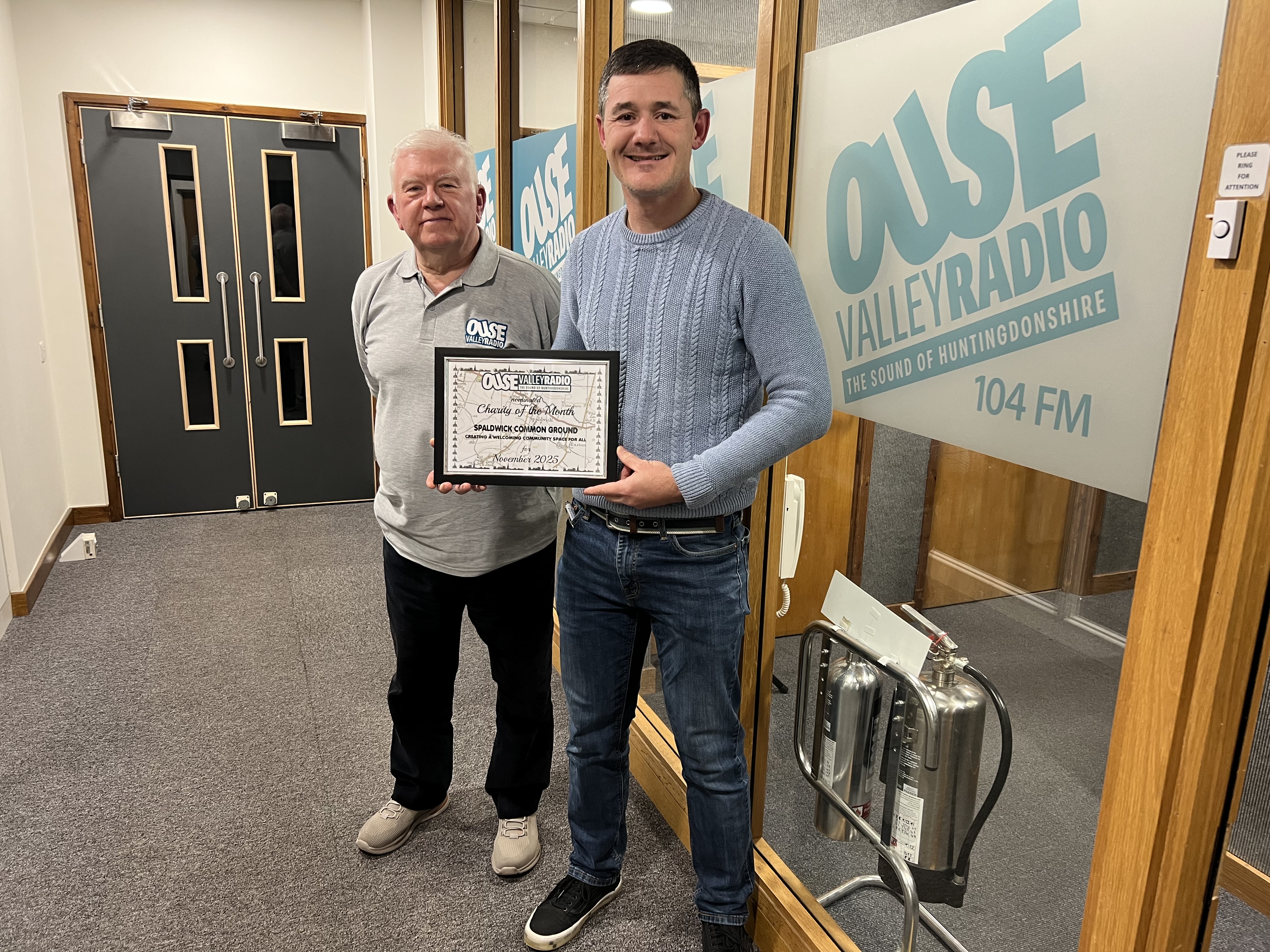 OuseValleyRadioandJohan A picture of committee Spaldwick Common Ground committee member Johan Dreyer alongside Norman Knapper the host of Over to You at the Ouse Valley Radio Studios